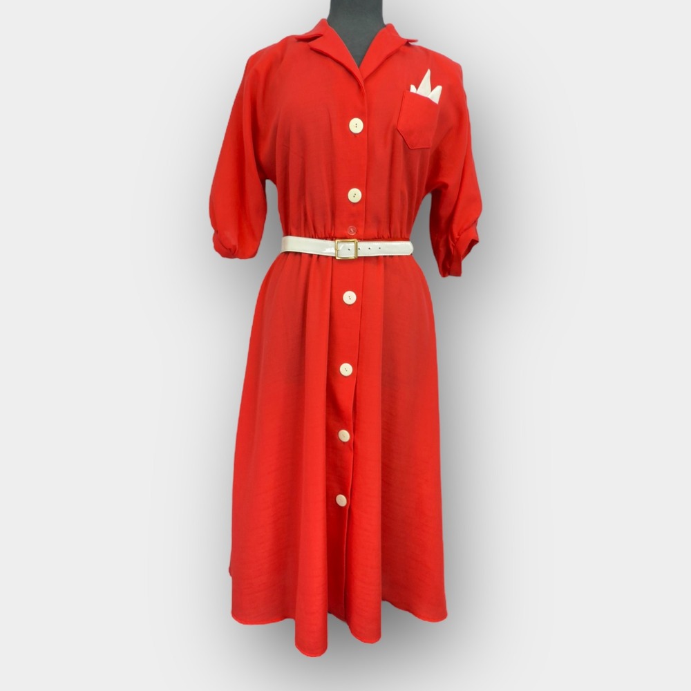 Leslie‎ Belle S Vintage 80s Blouson Sleeve Belted Red Midi Shirt Dress